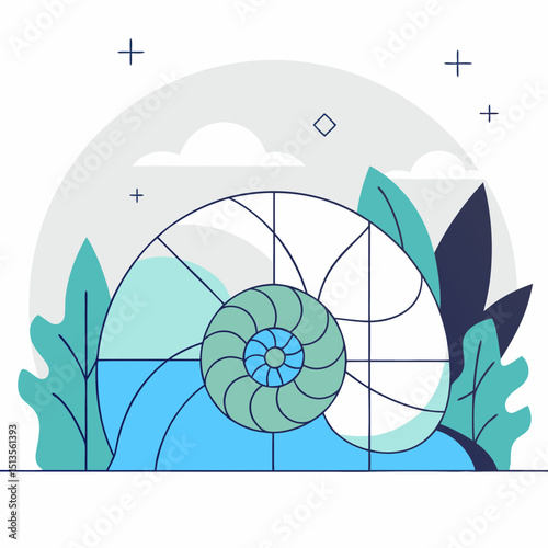 Illustration of a nautilus shell with leaves and clouds