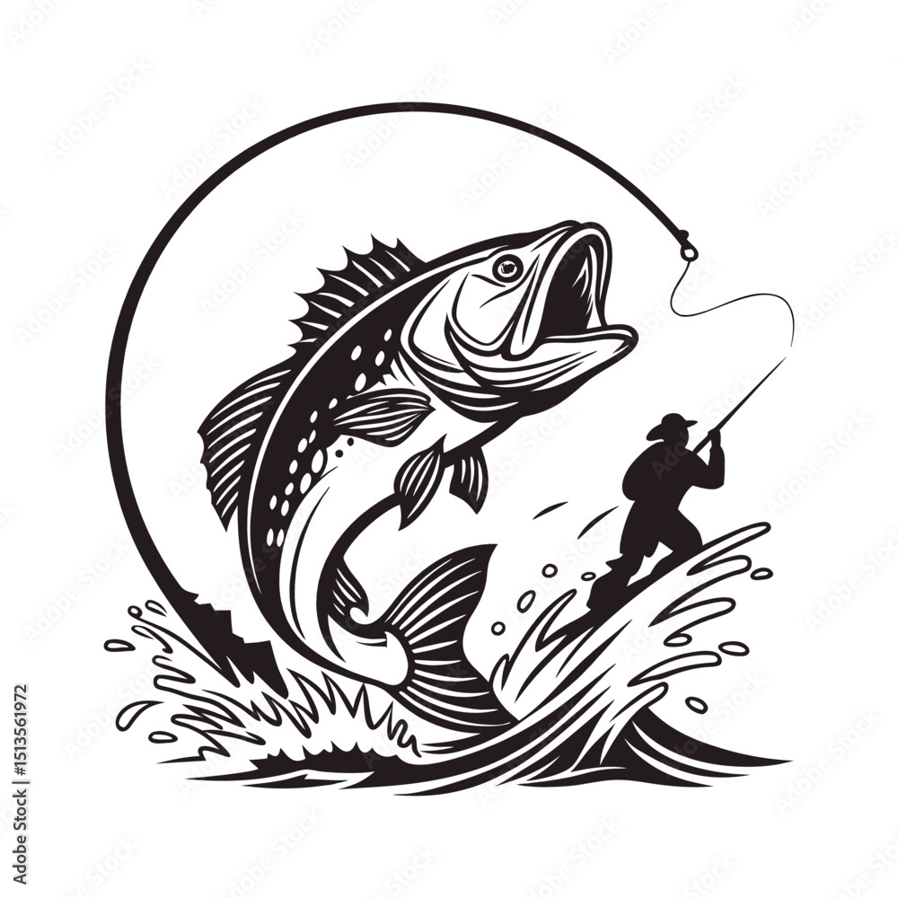 Fototapeta premium Bass Fish Clip Art Hook, Rod, and Splash Design