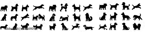 Collection of playful dog silhouettes varied in poses and breeds displayed against a white background