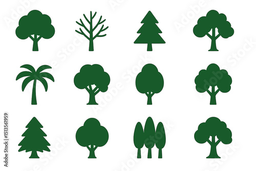 Variety of tree silhouettes displayed on a white background for visual reference in nature or design projects