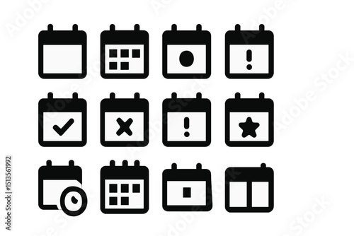 Calendar icons showcasing various symbols for events and reminders in a simple, monochromatic design