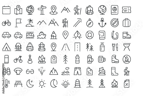 Collection of outdoor adventure and travel icons representing various activities and locations in a minimalist design