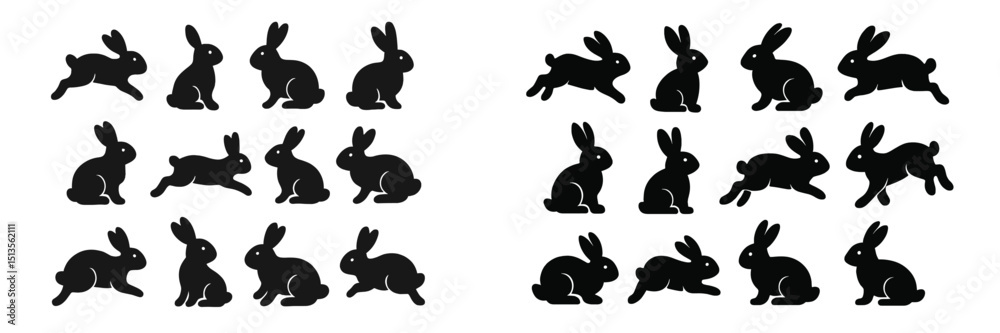 Black silhouettes of rabbits in various poses creating a playful and lively design ideal for Easter decorations or spring themes