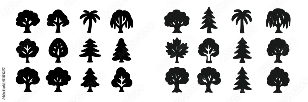 Various silhouettes of trees and palms arranged in a grid pattern showcasing diverse shapes and textures