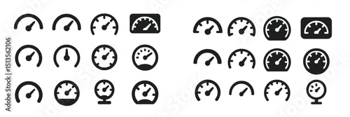 Various designs of gauge icons representing different metrics and levels in a sleek and modern style suitable for user interfaces