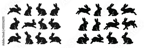 Black silhouettes of rabbits in various poses creating a playful and lively design ideal for Easter decorations or spring themes