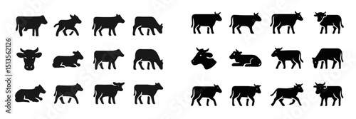 Various silhouettes of cows in different poses and orientations created in a minimalist style for educational and artistic purposes