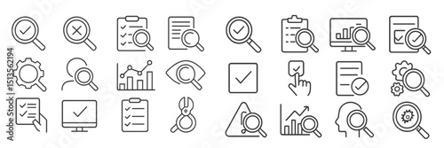 Various icons representing analysis, inspection, and productivity in a minimalistic line art style for digital use