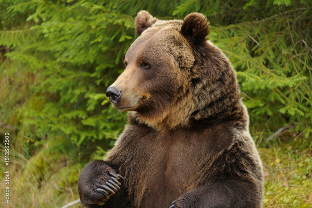 Obraz premium Brown bear sitting erect showing claws in forest