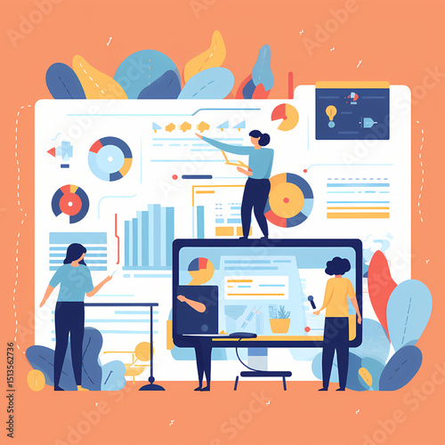Business Data Analytics: An illustration showcasing a business team analyzing data through charts and graphs, the focus is on teamwork and strategic decision-making. 