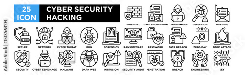 Cyber Security Hacking icon collection set. Firewall Protection, Data Encryption, Anonymous Hacker, Virus Detection, Phishing Attack