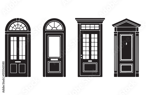 Collection of interior doors in black and white with varying shapes and designs.