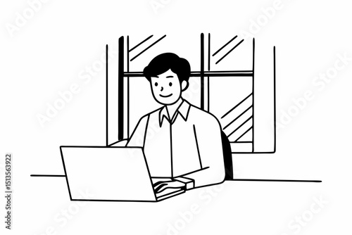 Happy professional business man company employee, young entrepreneur, smiling latin businessman working on laptop computer technology looking at camera working in office sitting at desk, portrait