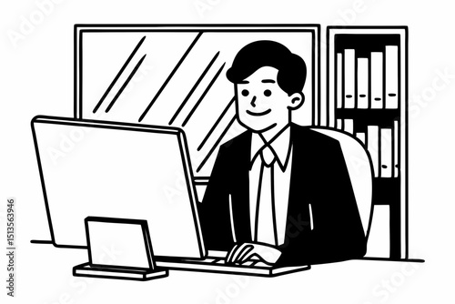 Happy professional business man company employee, young entrepreneur, smiling latin businessman working on laptop computer technology looking at camera working in office sitting at desk, portrait