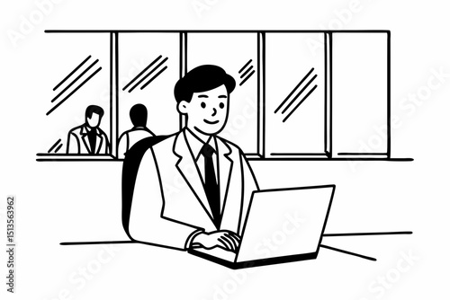 Happy professional business man company employee, young entrepreneur, smiling latin businessman working on laptop computer technology looking at camera working in office sitting at desk, portrait