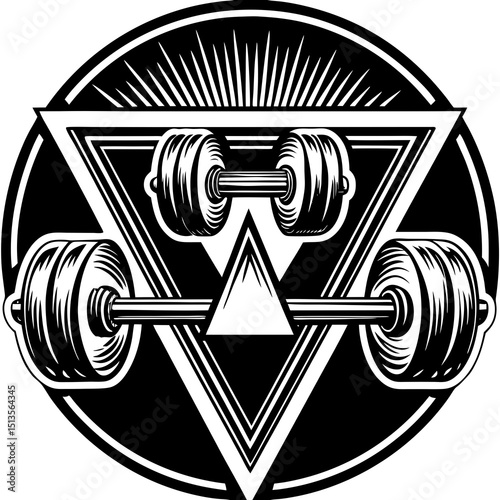 Two barbells inside triangles and a circle with sun rays