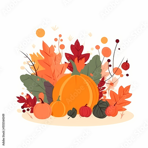 Autumn Pumpkin Display: A vibrant composition features pumpkins and autumn leaves, celebrating the beauty of the fall season and embodying the spirit of thanksgiving and harvest festivals.