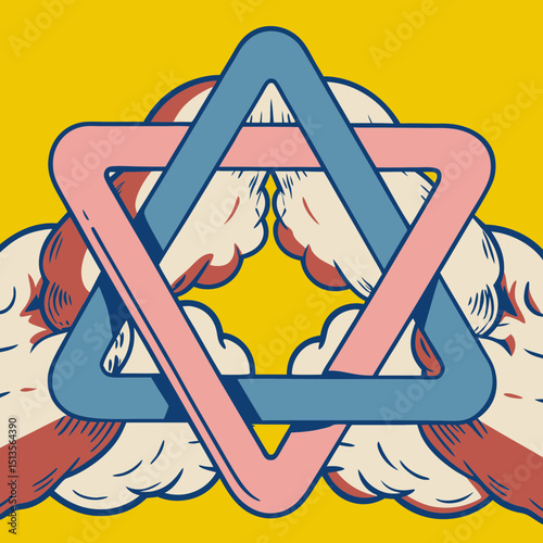Two hands holding interlocking triangles on yellow ground