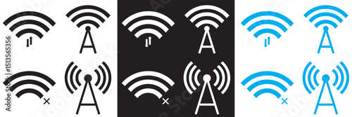 Wireless signal icons . includes wifi, antenna, radio, sound waves, perfect for tech design. Vector for websites, mobile interfaces, presentations, banner, visual branding etc. Vector illustration. 