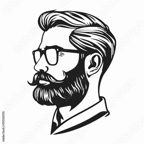 Stylish vector illustration of a bearded man wearing eyeglasses depicting a modern hipster aesthetic in black and white