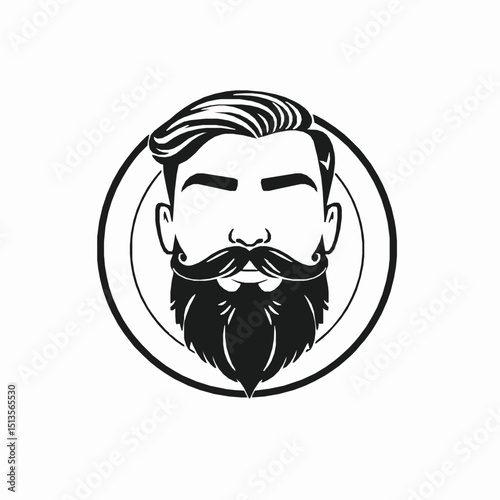 A stylized black and white vector illustration of a bearded man within a circular frame representing barber shop logo or masculine design