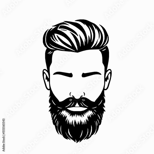 Vector illustration of a stylish man's face featuring a full beard, iconic mustache, and modern haircut depicted in black and white