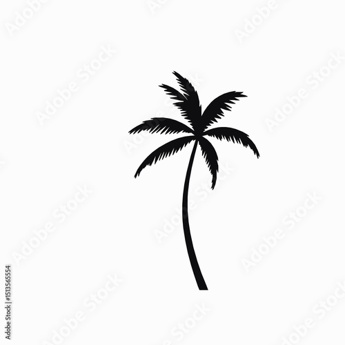 Elegant black silhouette of a tropical palm tree isolated on a pure white background for versatile design applications