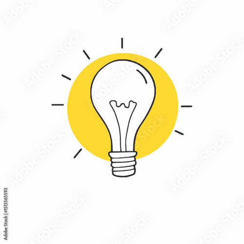 Simple hand drawn light bulb idea concept with yellow circle background representing brightness and innovation in creative thinking