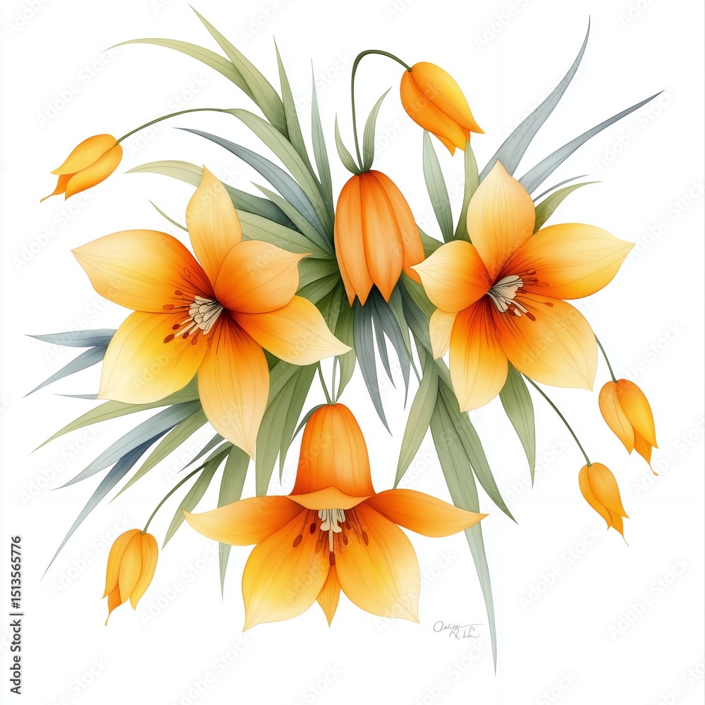 Fototapeta premium Orange and Yellow Flower Bouquet Watercolor Painting