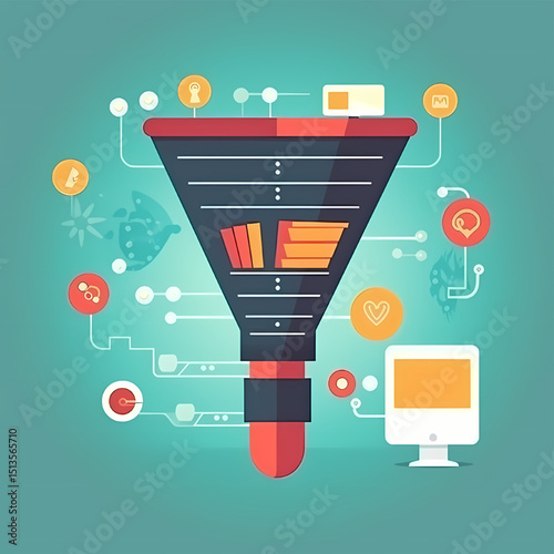 Marketing Funnel: A vibrant illustration of a marketing funnel, showcasing the journey from potential customer to loyal client, with connected icons representing the stages of conversion. 