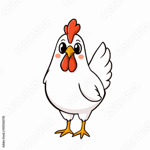 Cute cartoon illustration of a friendly white chicken with a red comb and wattle posing on a white background
