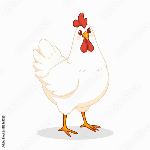 Adorable cartoon illustration of a white hen with a red comb and wattle, perfect for farm animal themes and agricultural designs
