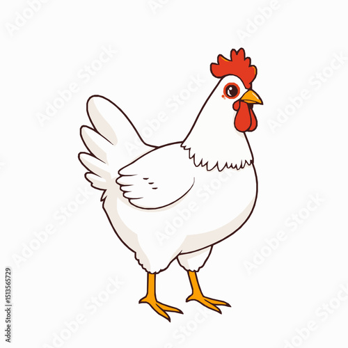 Cute cartoon illustration of a white hen standing sideways isolated on a plain white background suitable for various design projects and educational resources