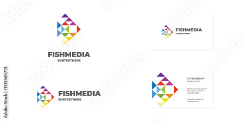Colorful logo and business card with abstract,  mosaic, and  geometric fish concept