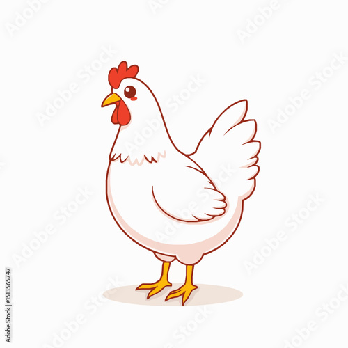 Cute cartoon white hen illustration standing facing right with red comb wattles and yellow beak perfect for farm and poultry themes