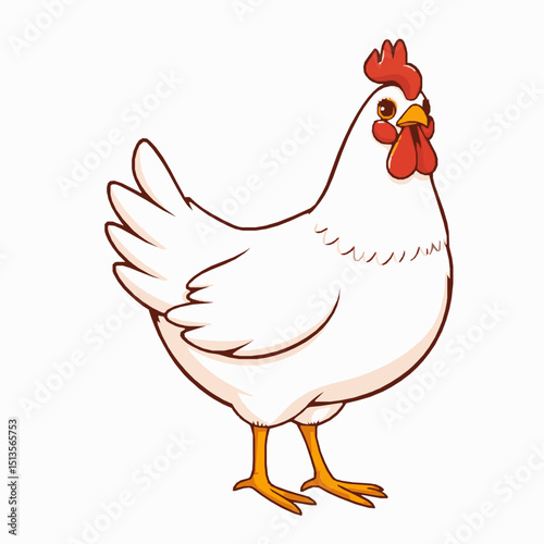Cartoon illustration of a white hen with red comb and wattle against a clean white background ideal for various design projects and agricultural content.
