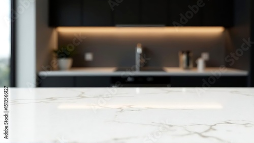 Marble table top front view, blur minimalistic dark scandy kitchen interior background, for montage product display or design key visual layout