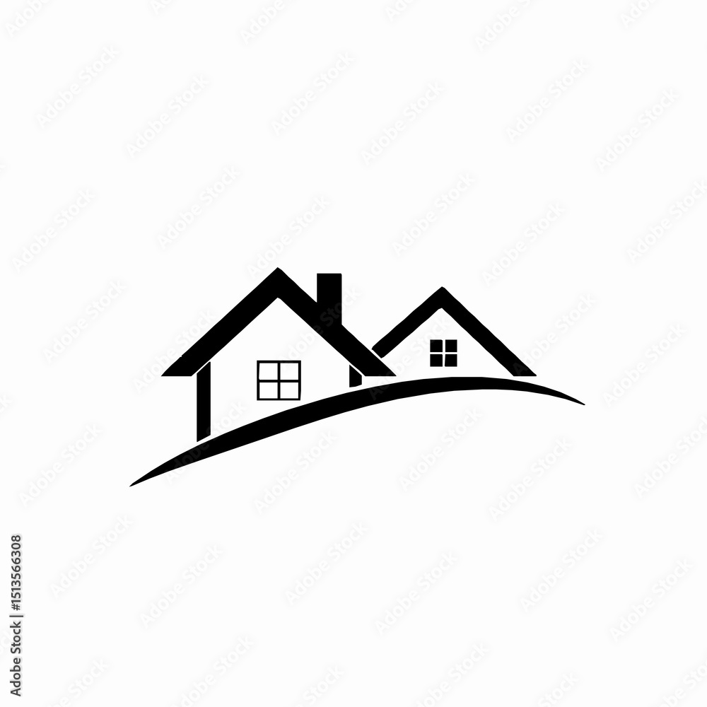Minimalist black and white illustration featuring two houses on a hill depicting real estate concepts and home ownership Minimalist black and white illustration featuring two houses on a hill depicting real estate concepts and home ownership