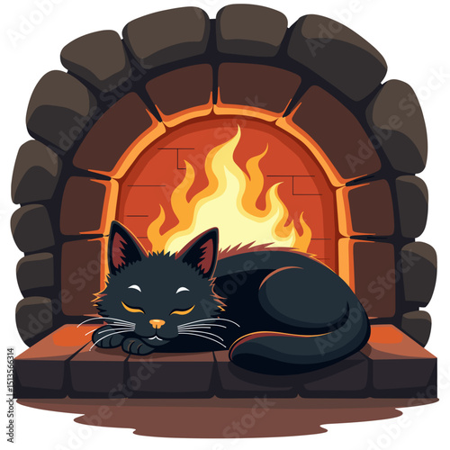 Sleeping black cat curled up by the cozy fireplace with flames  