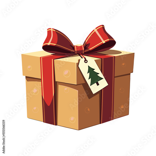 Cartoon gift box with red ribbon and Christmas tree tag
