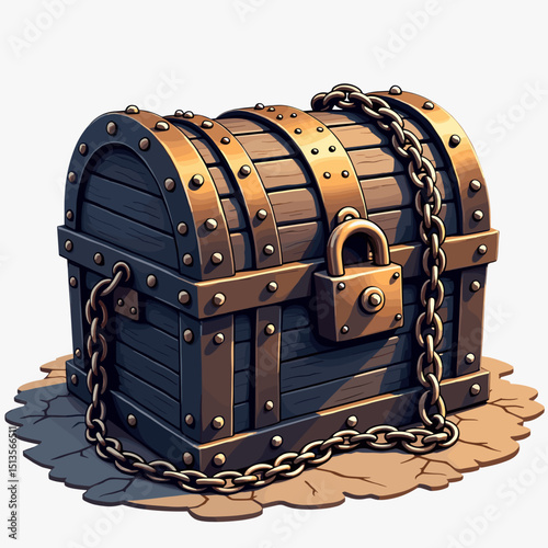 Vintage wooden treasure chest locked with chains on sandy ground  