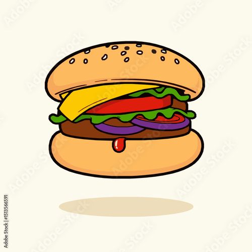 Delicious and mouthwatering hand drawn illustration of a classic hamburger with all the fixings on a creamy white background