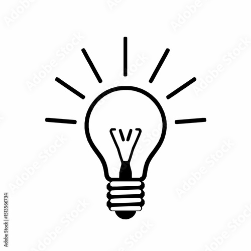 Black and white minimalist illustration of a light bulb with radiating lines representing the concept of idea and innovation
