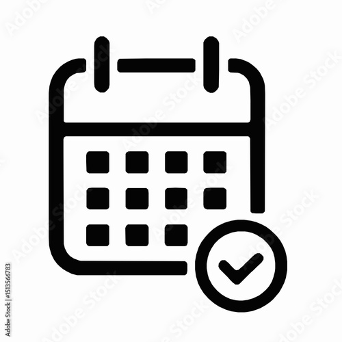 Modern black and white calendar icon with checkmark indicating task completion for digital applications