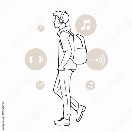 A young person walks wearing headphones listening to music with musical note symbols around them enjoying sound