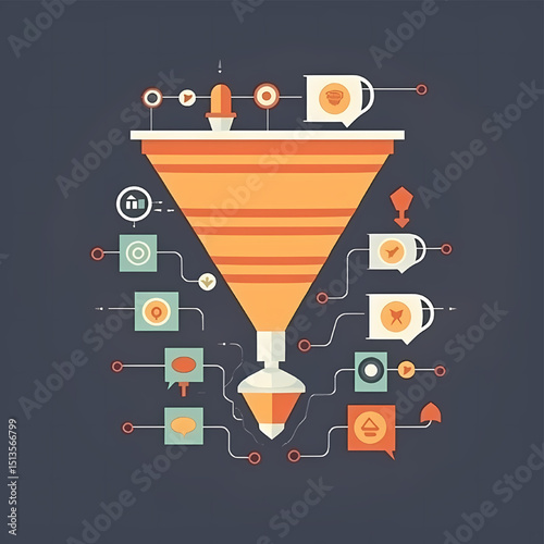 Sales Funnel Visualization: Conceptual diagram illustrating a sales funnel, converting abstract data into tangible outcomes, symbolizing the systematic stages from awareness to conversion.
