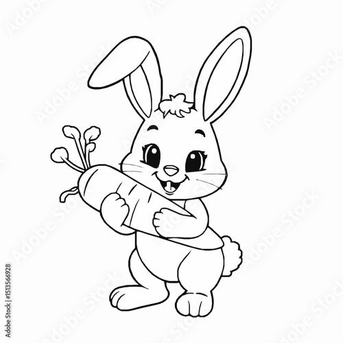 Cute cartoon bunny holding a large carrot smiling with happiness suitable for easter illustrations spring designs and children's coloring books