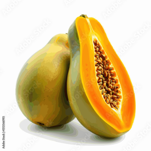 Fresh papaya fruit whole and halved showing inside with seeds against a clean white background depicting healthy eating