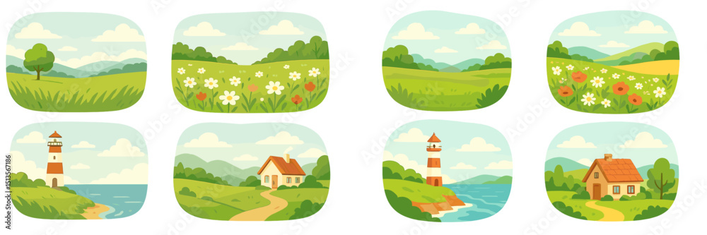 Fototapeta premium Scenic countryside landscape featuring lush fields, colorful flowers, and charming lighthouses along the coast