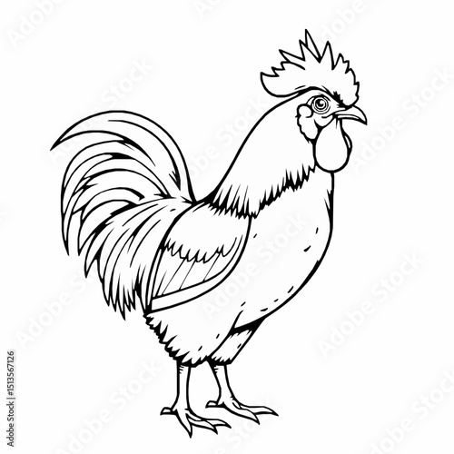 Detailed line art illustration of a proud rooster standing in profile depicting rooster anatomy black and white design